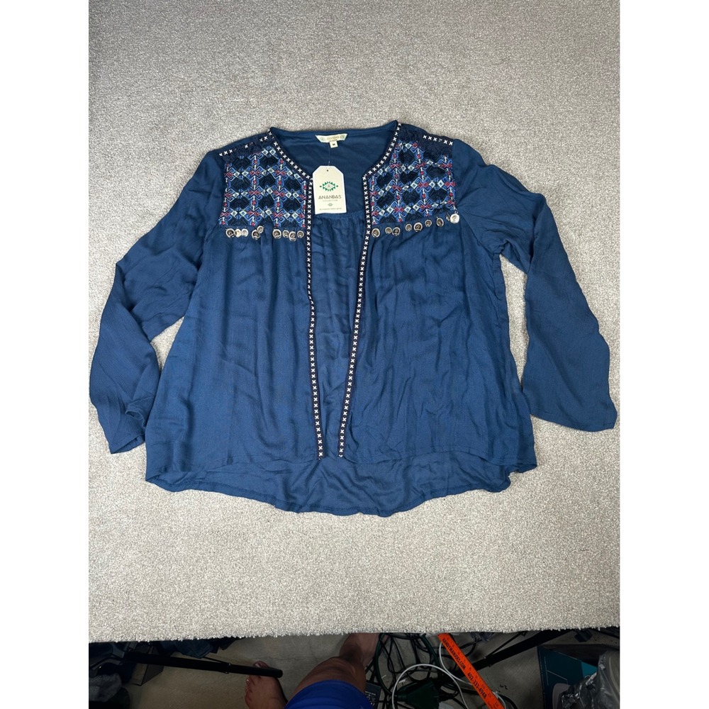 Anandas‎ Collection Embroidered Blouse Coin Accents Bohemian Top Size M